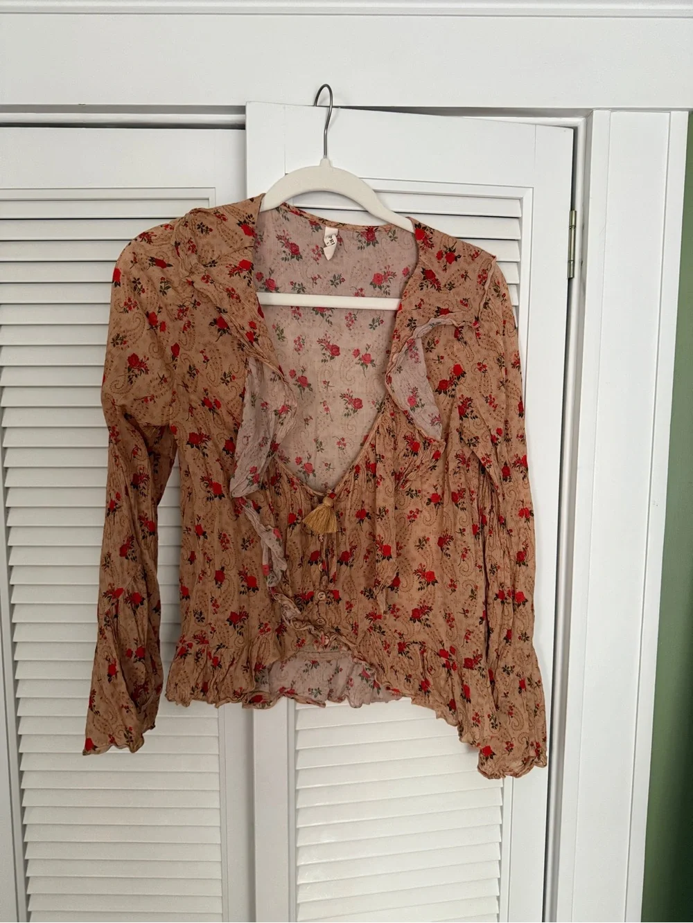Spell Beige Floral Ruffle Tie-Front Blouse with Red Print
